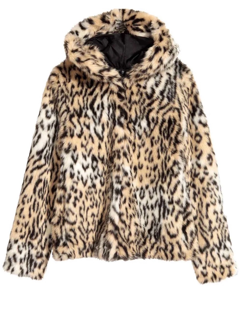 H&M Leopard Print Faux Fur Hooded Jacket - Beige/Black
